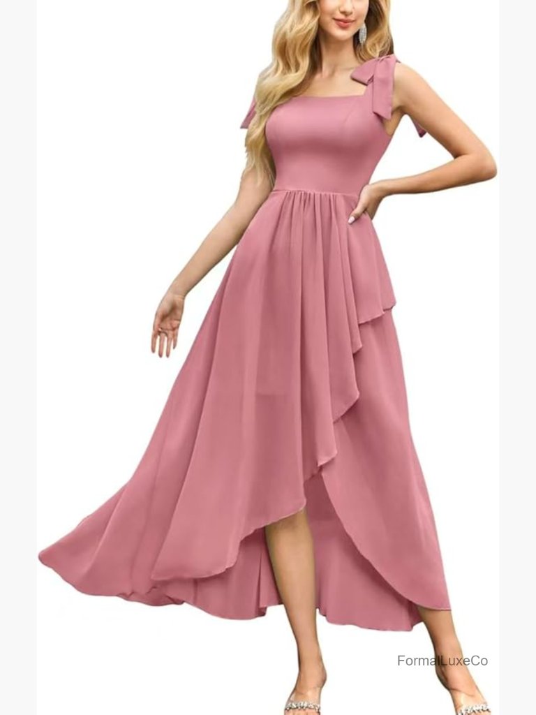 Chiffon Bridesmaid Dress With Bow Square Neck Formal Midi Evening Party Prom
